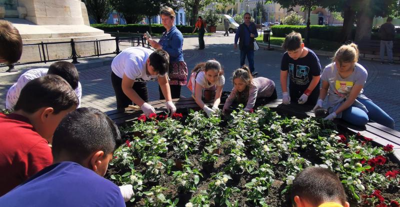 Diákokkal közös virágültetés a belvárosban 
