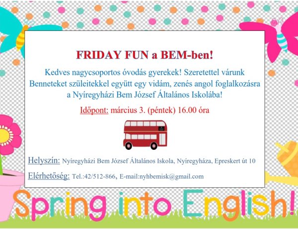 Zenés, játékos angol foglalkozást szervez nagycsoportos óvodások számára a Bem iskola