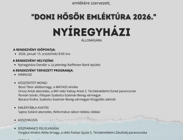 Emlékezés a Don hőseire – A Doni Hősök Emléktúra 2026 egyik állomása idén is Nyíregyháza lesz