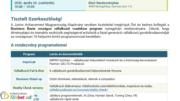 Vállalkozói roadshow érkezik Nyíregyházára – élményprogram erősíti a közösséget