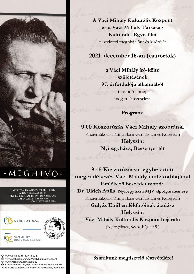 Ünnepi megemlékezések Váci Mihály író-költő születésének 97. évfordulója alkalmából