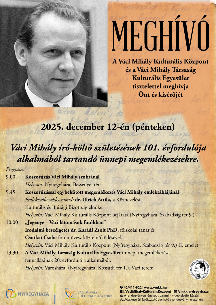 Ünnepi programokkal emlékeznek Váci Mihály születésének 101. évfordulójára