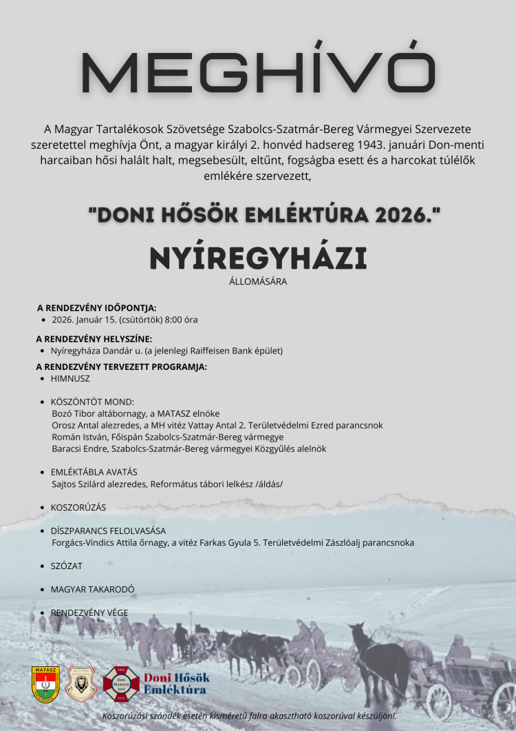 Emlékezés a Don hőseire – A Doni Hősök Emléktúra 2026 egyik állomása idén is Nyíregyháza lesz