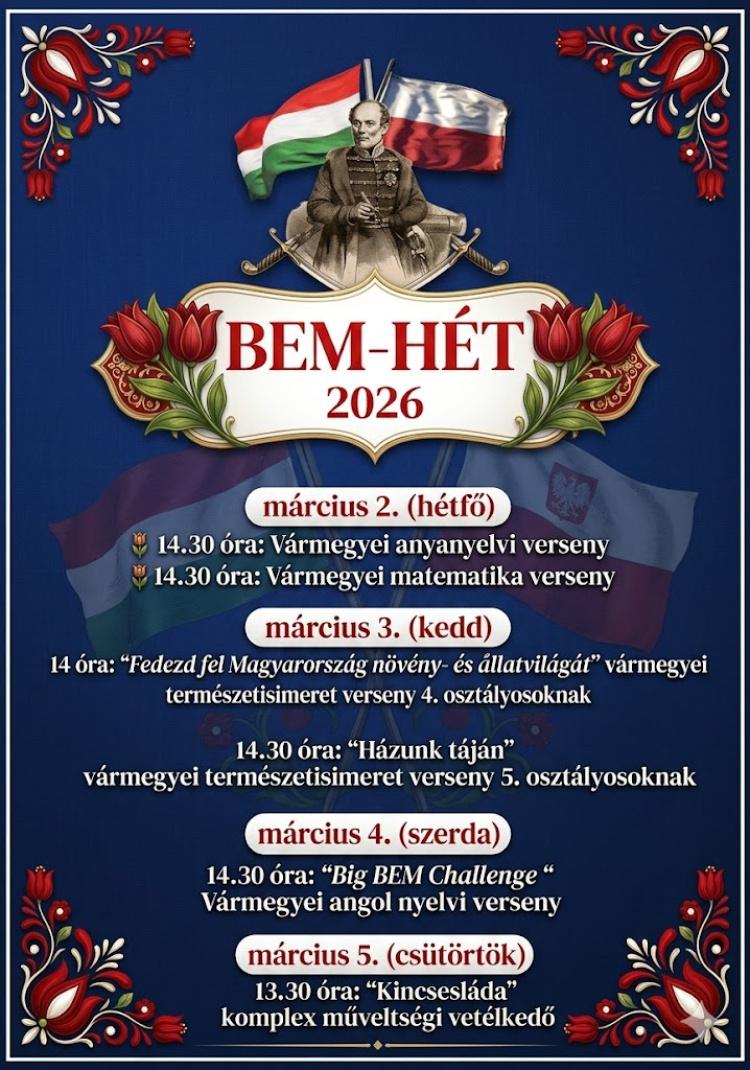 Bem-hét 2026 – Vármegyei versenyek várják a diákokat a Nyíregyházi Bem József Általános Iskolában