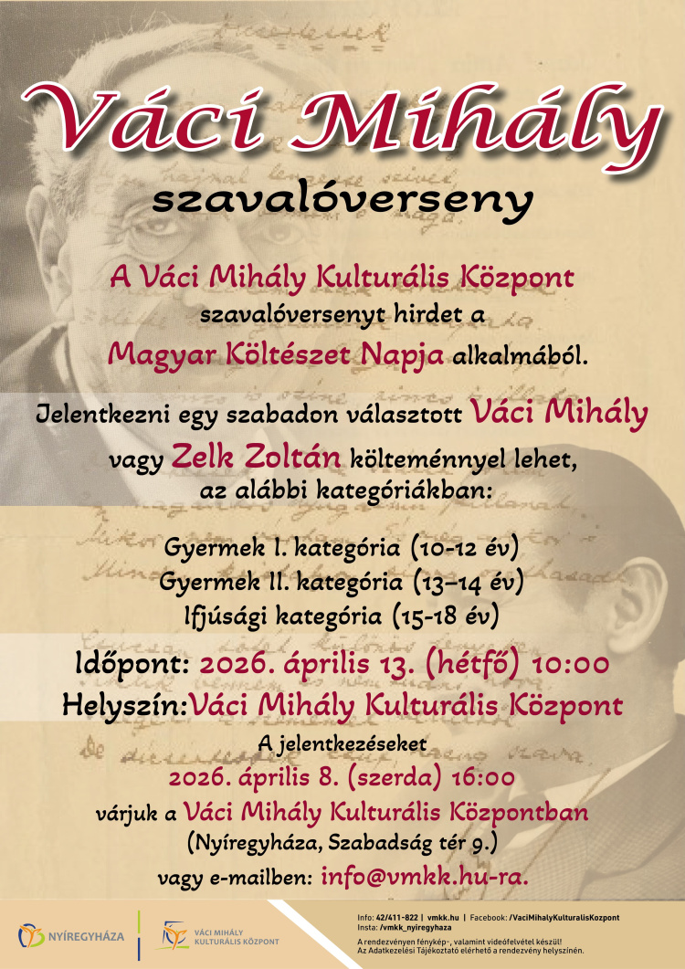 Szavalóversenyt hirdet a Váci Mihály Kulturális Központ a Magyar Költészet Napja alkalmából