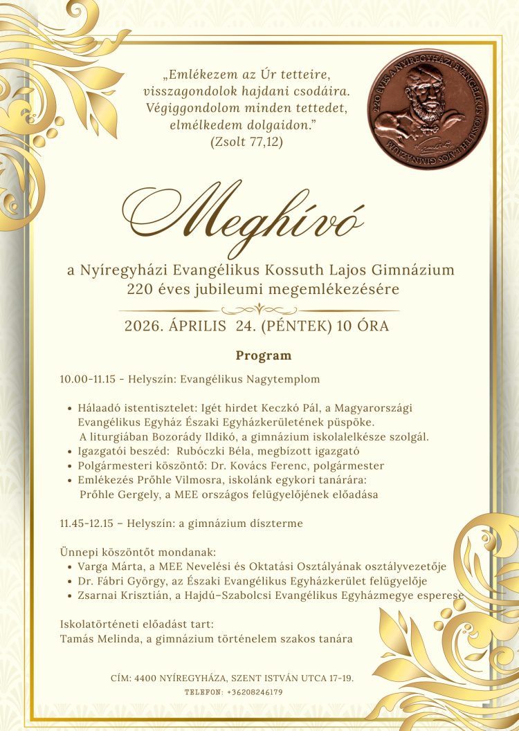 Kétszázhúsz éves a Nyíregyházi Evangélikus Kossuth Lajos Gimnázium