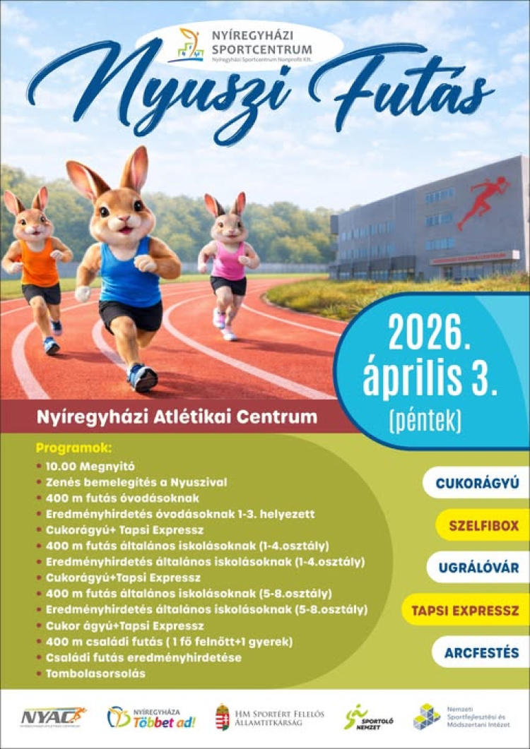 Nyuszi Futásra várják a gyerekeket a Nyíregyházi Atlétikai Centrumban