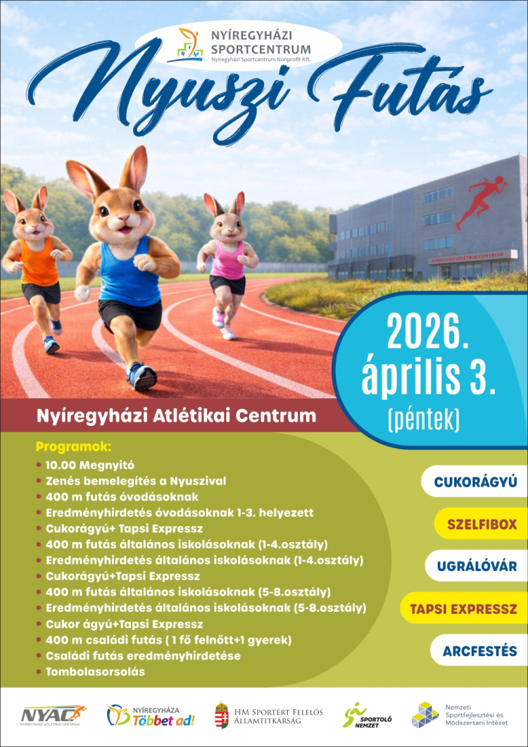 Nyuszifutásra várják a gyerekeket a Nyíregyházi Atlétikai Centrumban