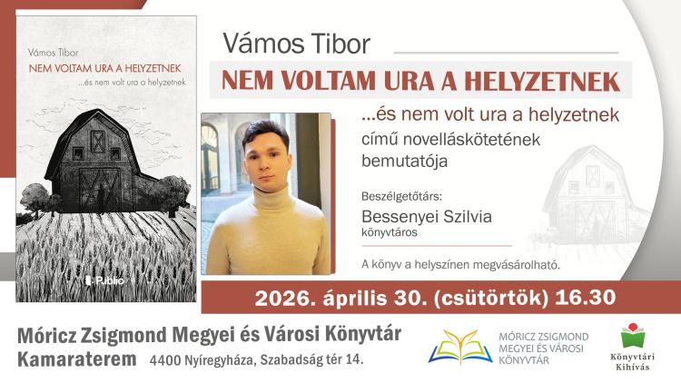 Novelláskötet-bemutató a könyvtárban – Vámos Tibor érkezik Nyíregyházára