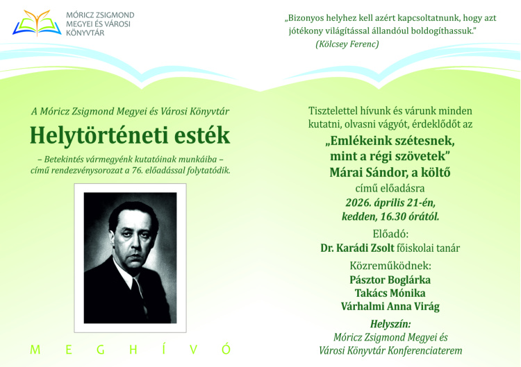 Márai Sándor költészetéről szól a következő helytörténeti est