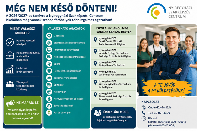 Még vannak szabad férőhelyek a Nyíregyházi Szakképzési Centrum intézményeiben